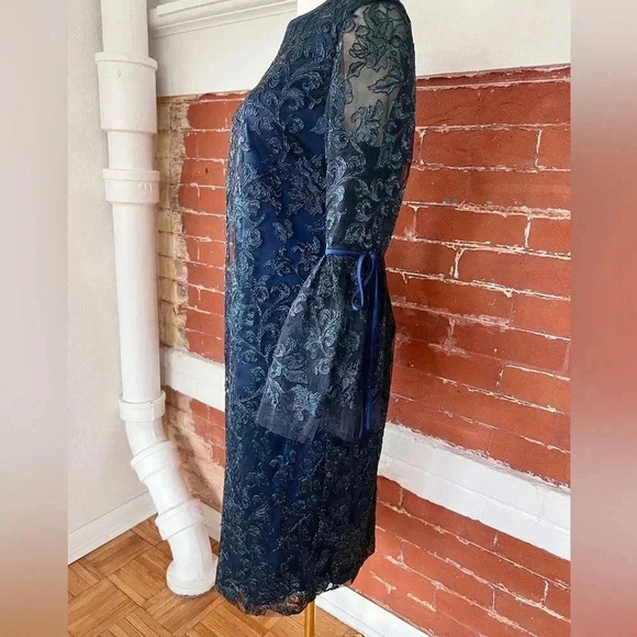 Theia Blue Party Dresss with Metallic Embroidered Black Net Overlay Bell Sleeve - Picture 5 of 13